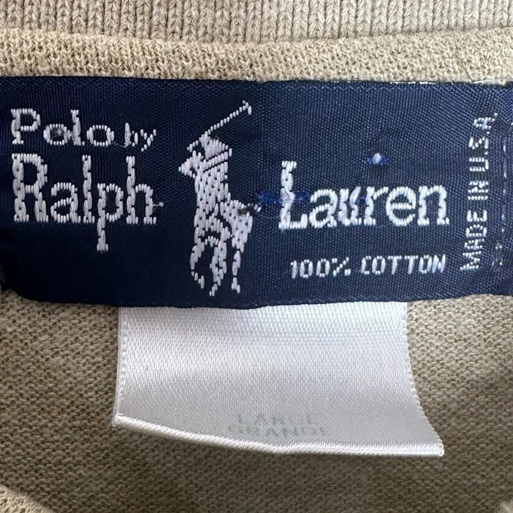 Vintage Polo Ralph Lauren Mens Large Tan Green Cotton Pique Polo Shirt USA Made